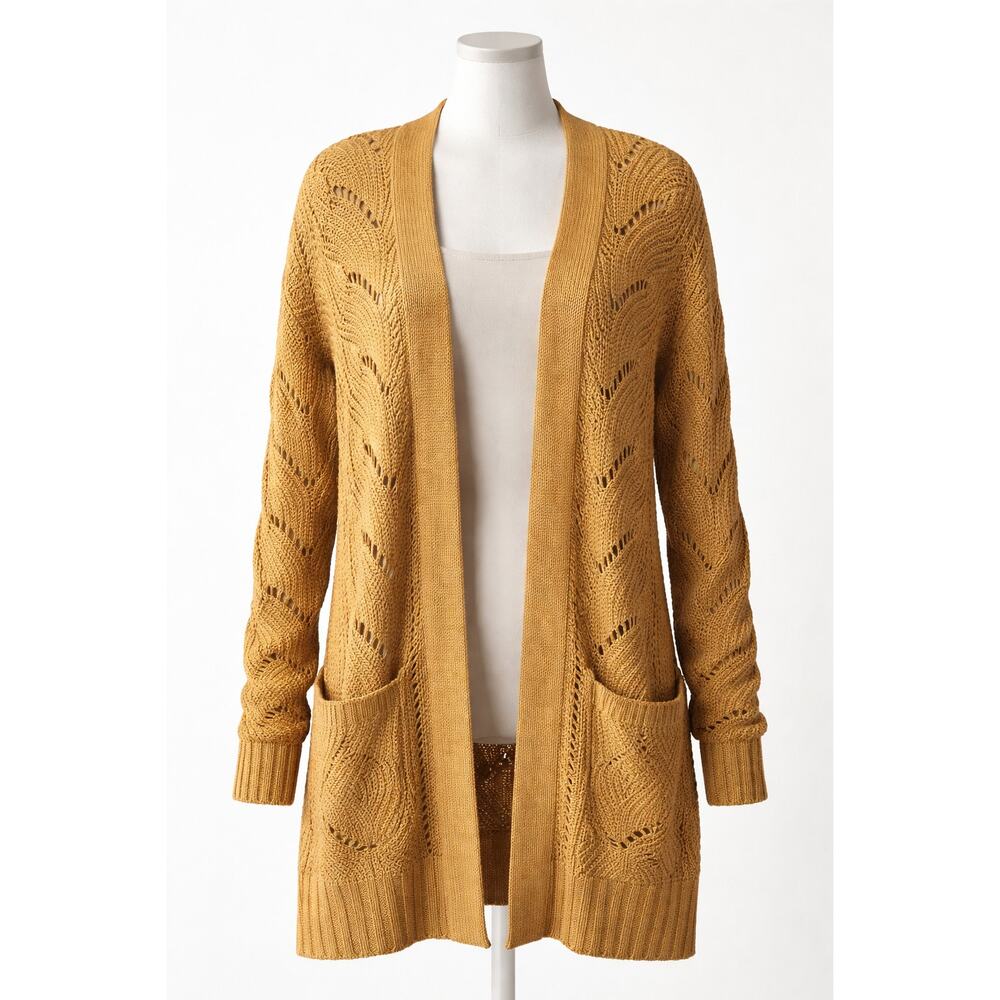 SO Open Knit Cardigan brown Mustard Long Sleeve Open Front oversized Medium